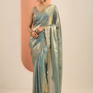 Home teal solid satin saree