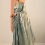 teal solid satin saree