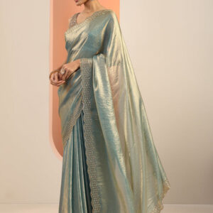 teal solid satin saree