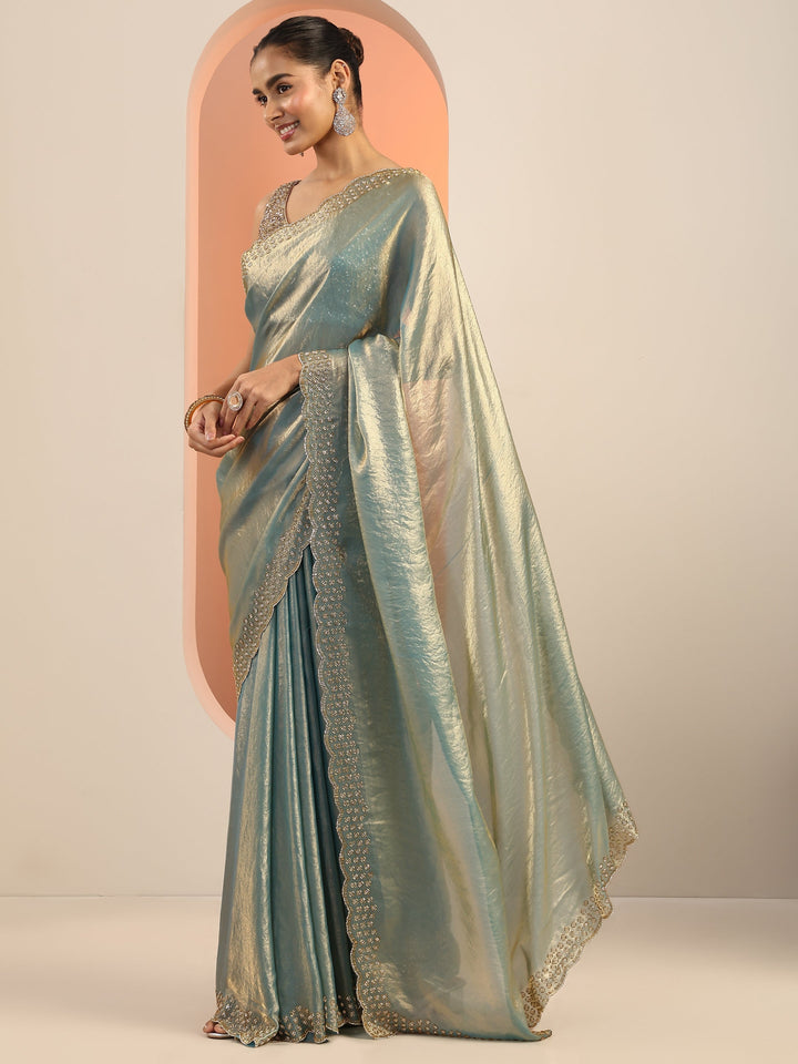 teal solid satin saree