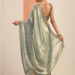 teal solid satin saree