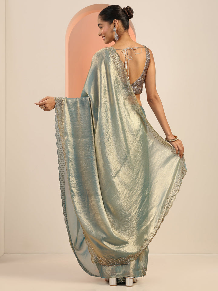 teal solid satin saree