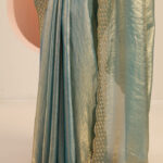 teal solid satin saree