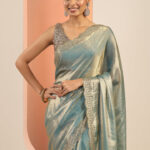 teal solid satin saree