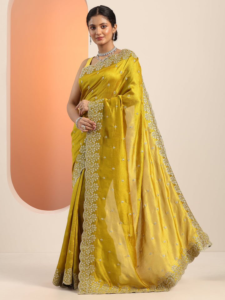 mustard embroidered silk blend saree