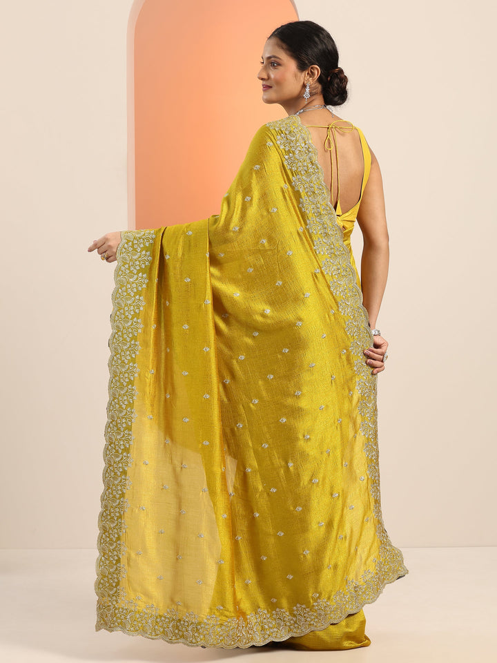 mustard embroidered silk blend saree