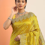 mustard embroidered silk blend saree
