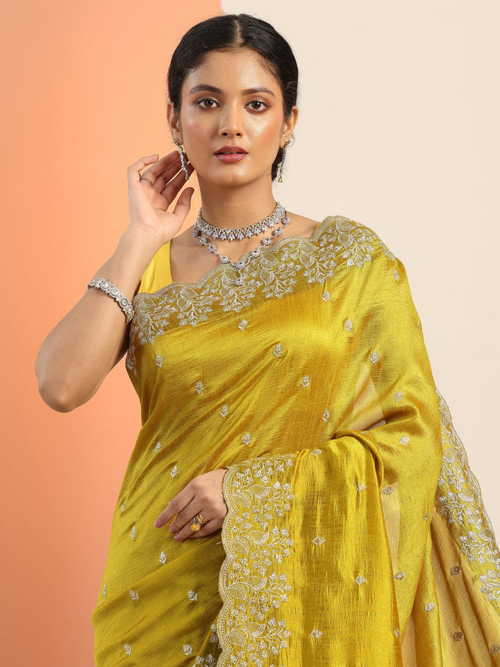 mustard embroidered silk blend saree