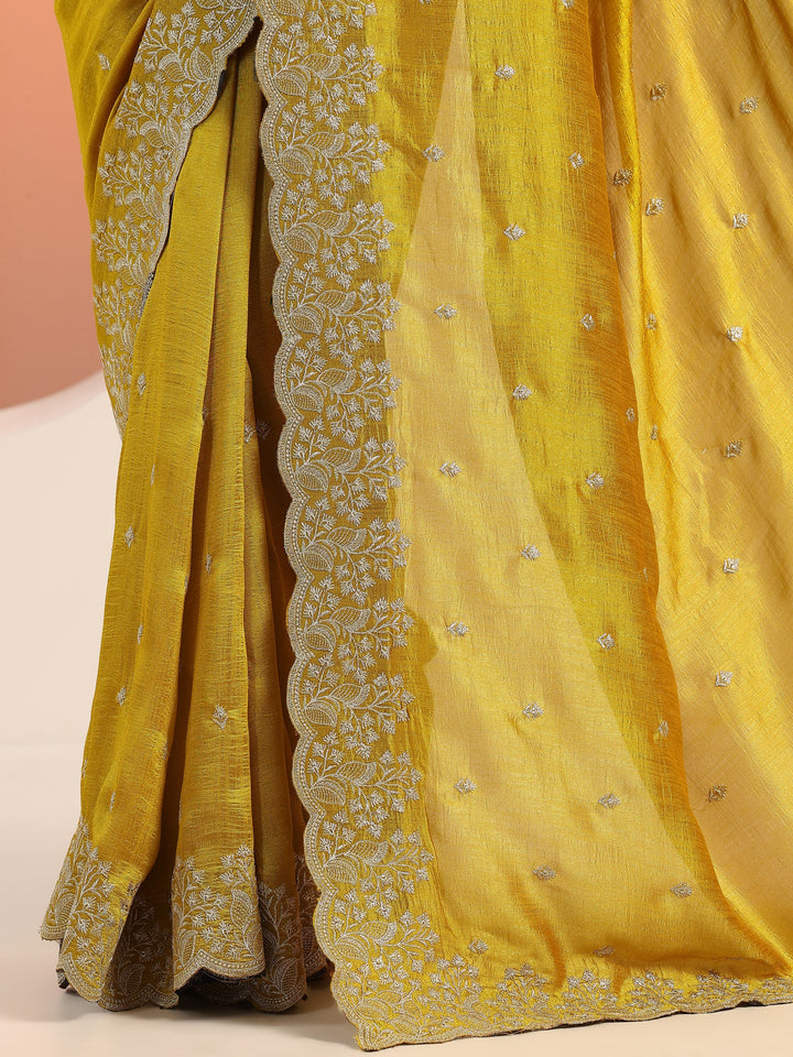 mustard embroidered silk blend saree
