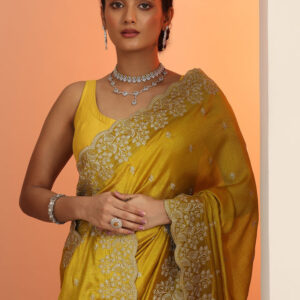 Home mustard embroidered silk blend saree