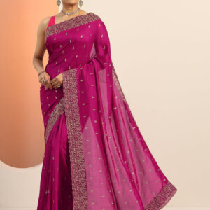 Home magenta embroidered silk blend saree