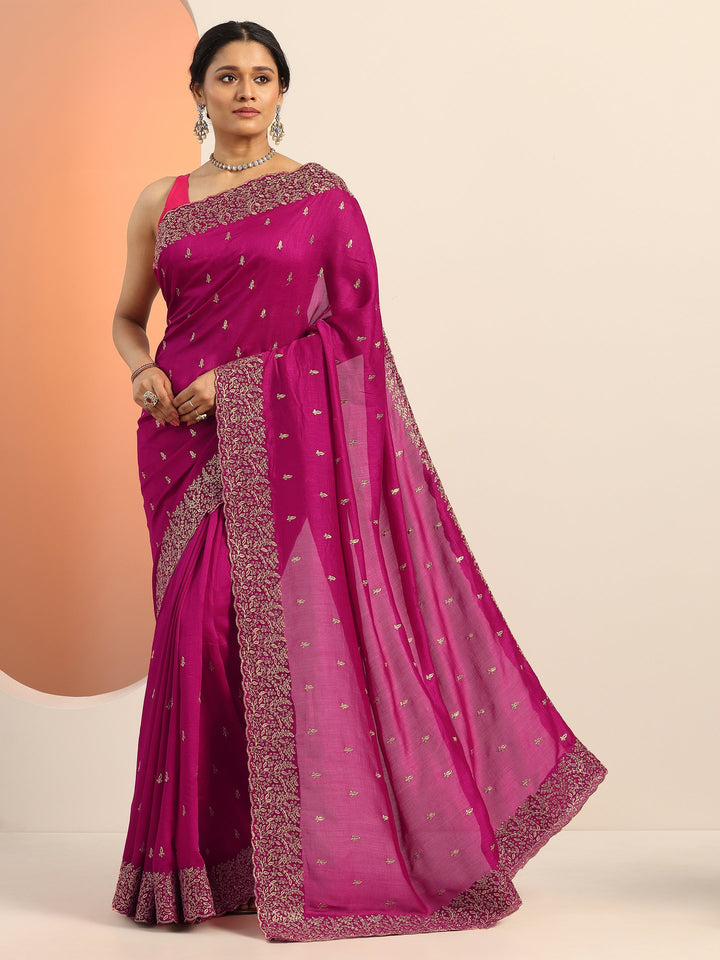 magenta embroidered silk blend saree