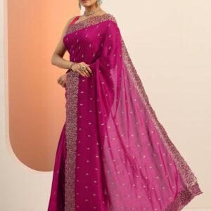 magenta embroidered silk blend saree