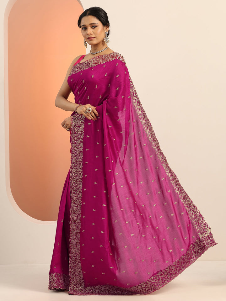 magenta embroidered silk blend saree