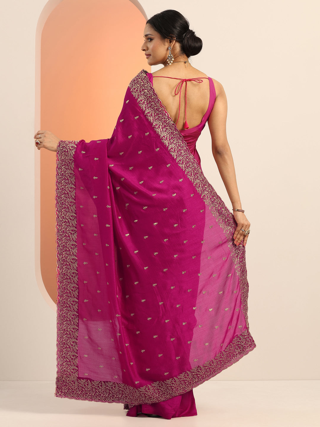 magenta embroidered silk blend saree