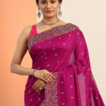 magenta embroidered silk blend saree