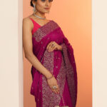 magenta embroidered silk blend saree
