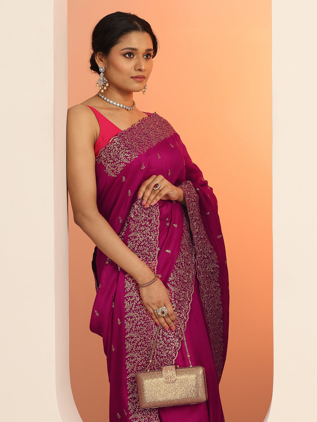 magenta embroidered silk blend saree