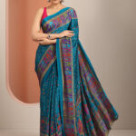 blue printed crepe saree