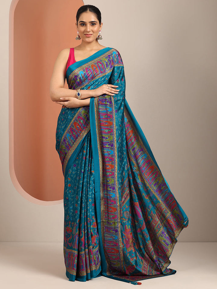 blue printed crepe saree