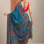 blue printed crepe saree