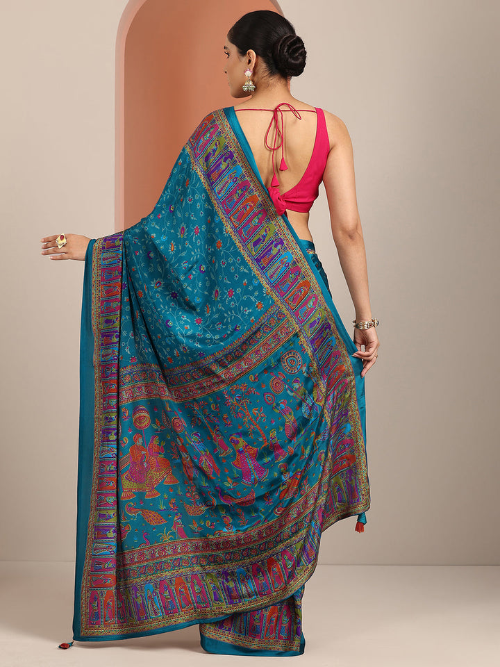 blue printed crepe saree