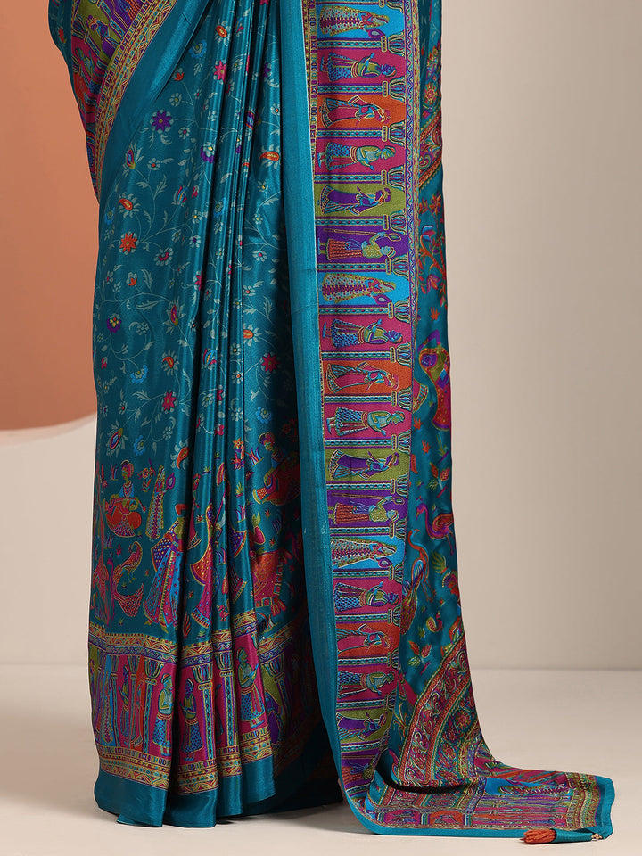 blue printed crepe saree