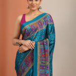 blue printed crepe saree