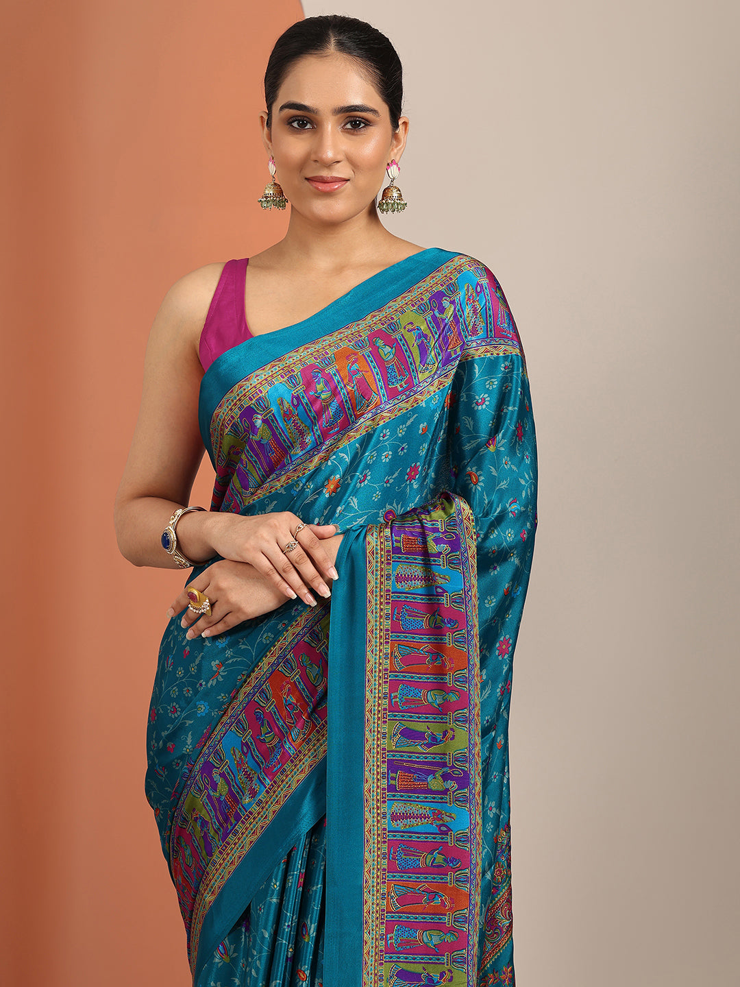 blue printed crepe saree