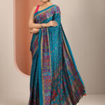 blue printed crepe saree