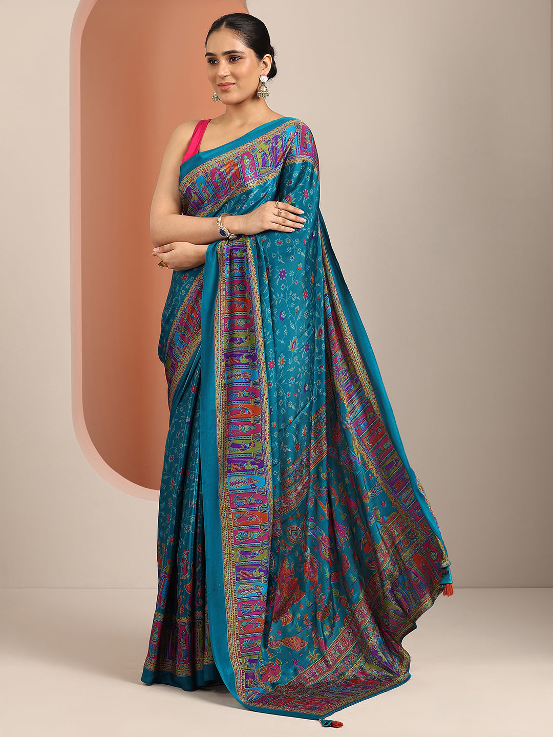 blue printed crepe saree