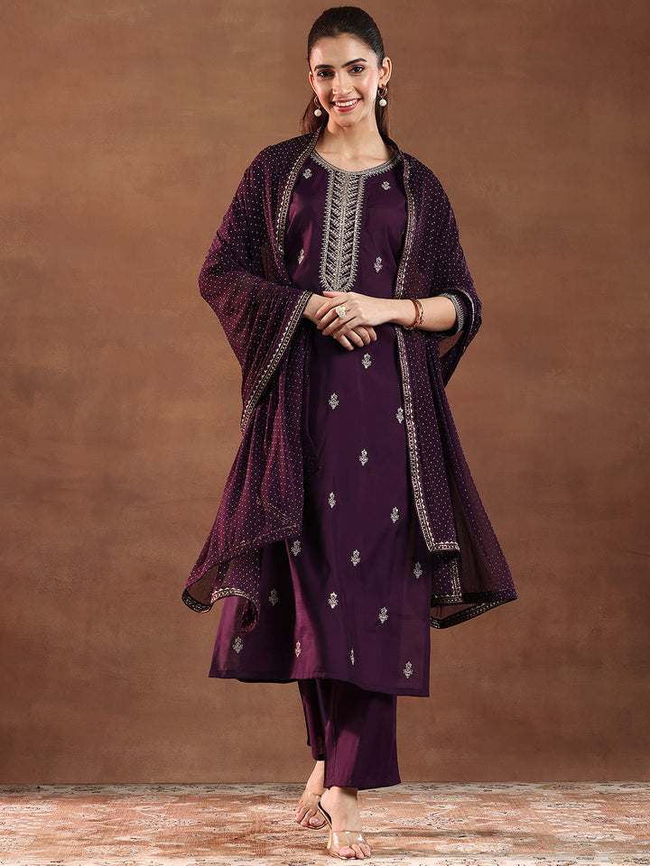 Wine Embroidered Silk Blend Straight Set