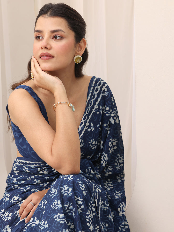 indigo printed cotton saree
