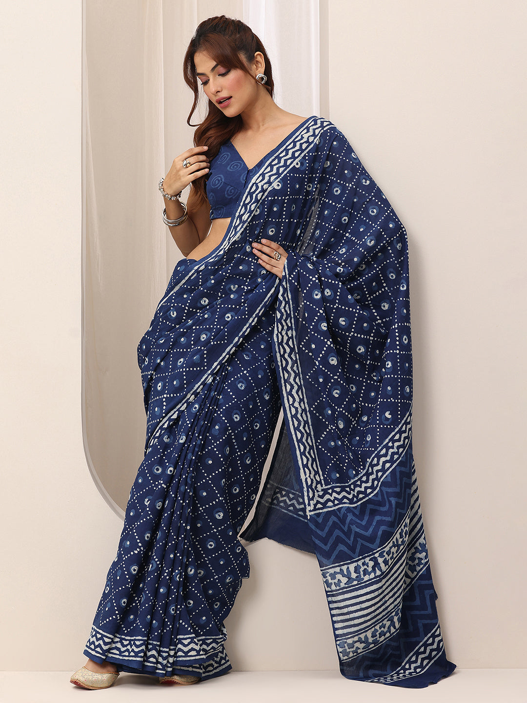 indigo printed cotton saree