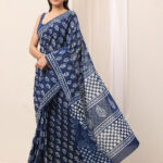 indigo printed cotton saree