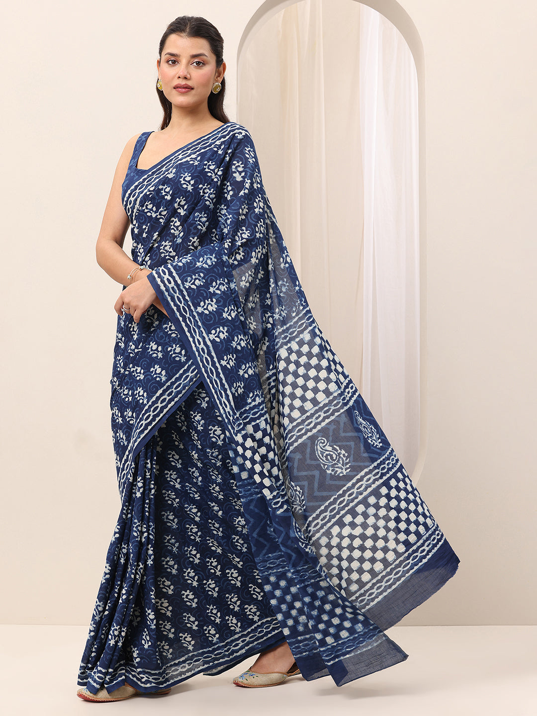indigo printed cotton saree