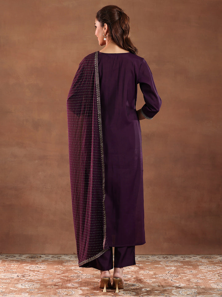 Wine Embroidered Silk Blend Straight Set