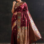 maroon woven design silk blend saree