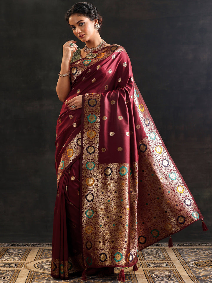 maroon woven design silk blend saree