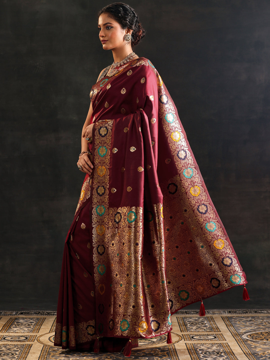 maroon woven design silk blend saree