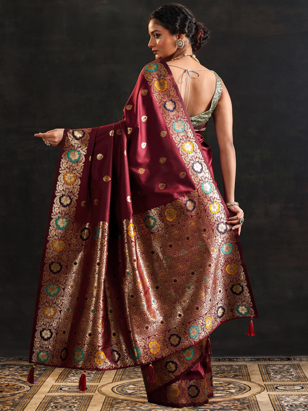maroon woven design silk blend saree