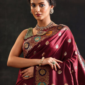 Home maroon woven design silk blend saree