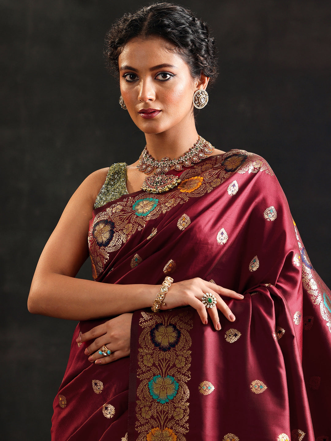maroon woven design silk blend saree