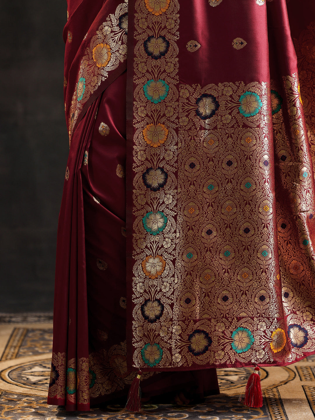 maroon woven design silk blend saree