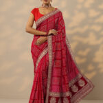red bandhani printed silk blend saree