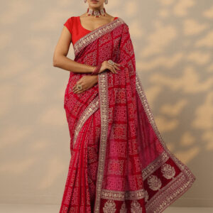 red bandhani printed silk blend saree
