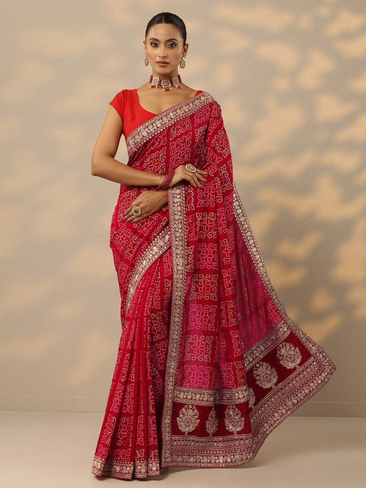 red bandhani printed silk blend saree