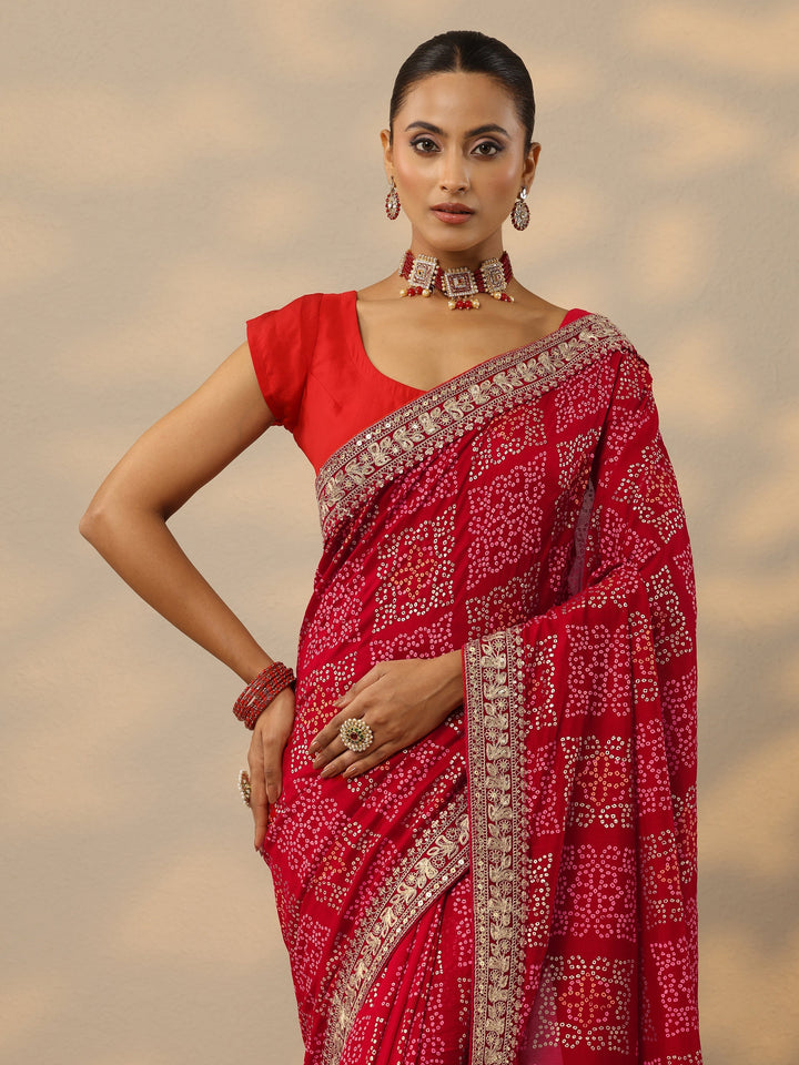 red bandhani printed silk blend saree
