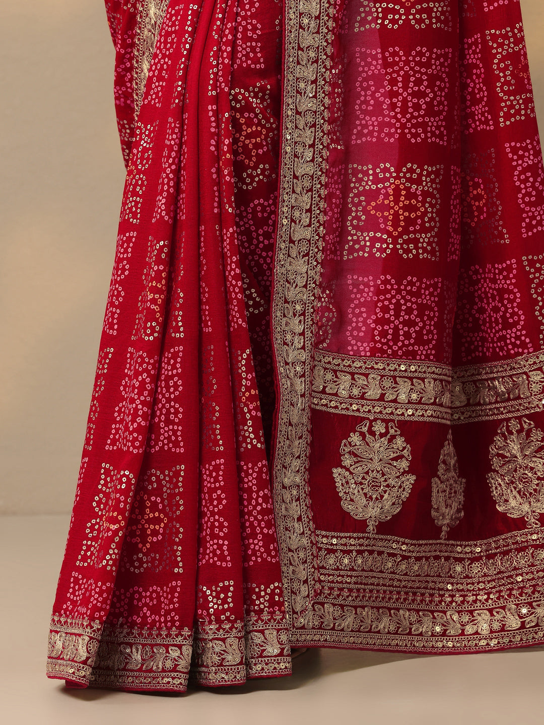 red bandhani printed silk blend saree