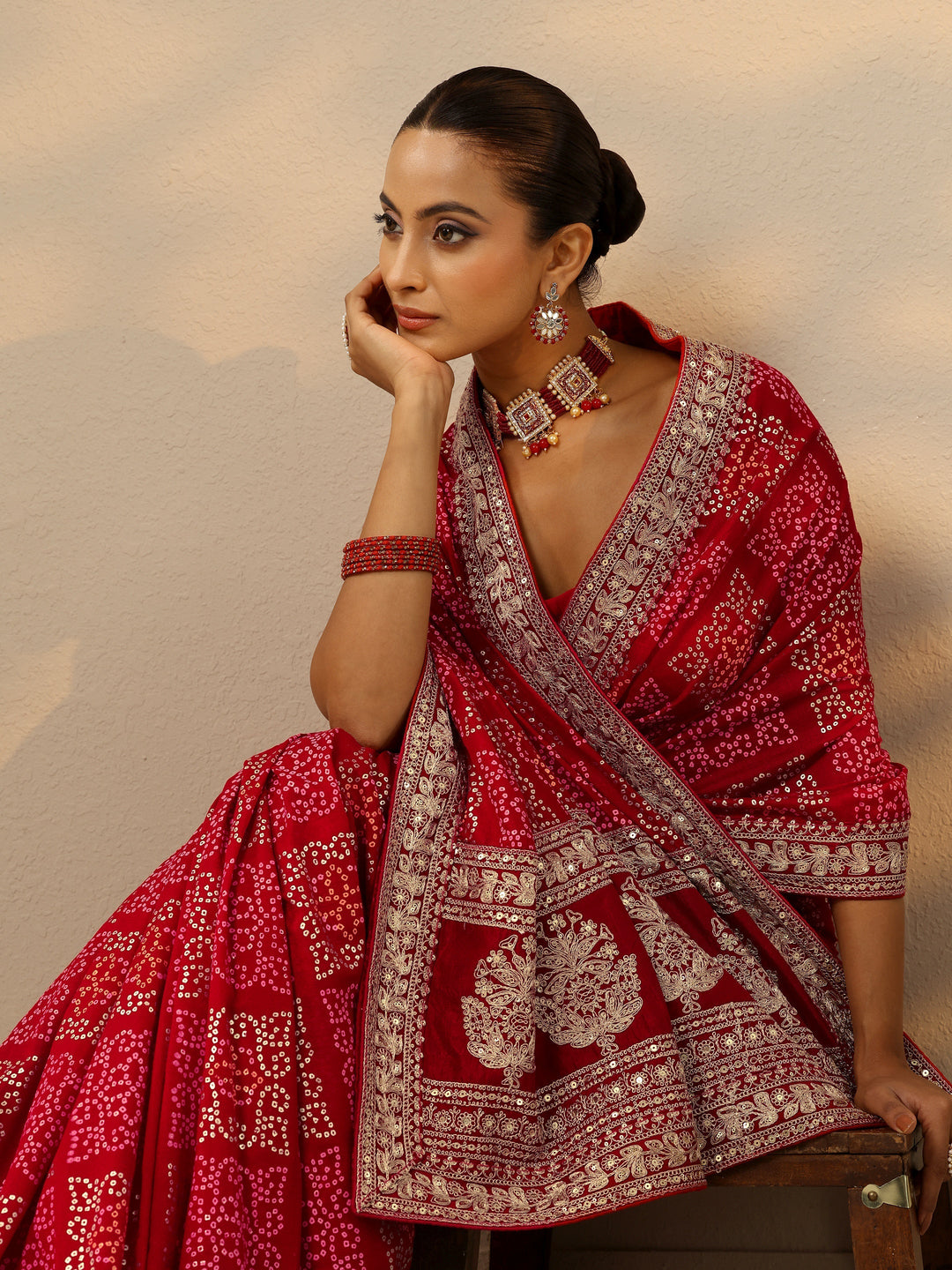 red bandhani printed silk blend saree